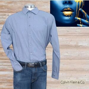 Calvin Klein Shirt Mens Blue Polka Dot Button Up Long‎ Sleeve XL